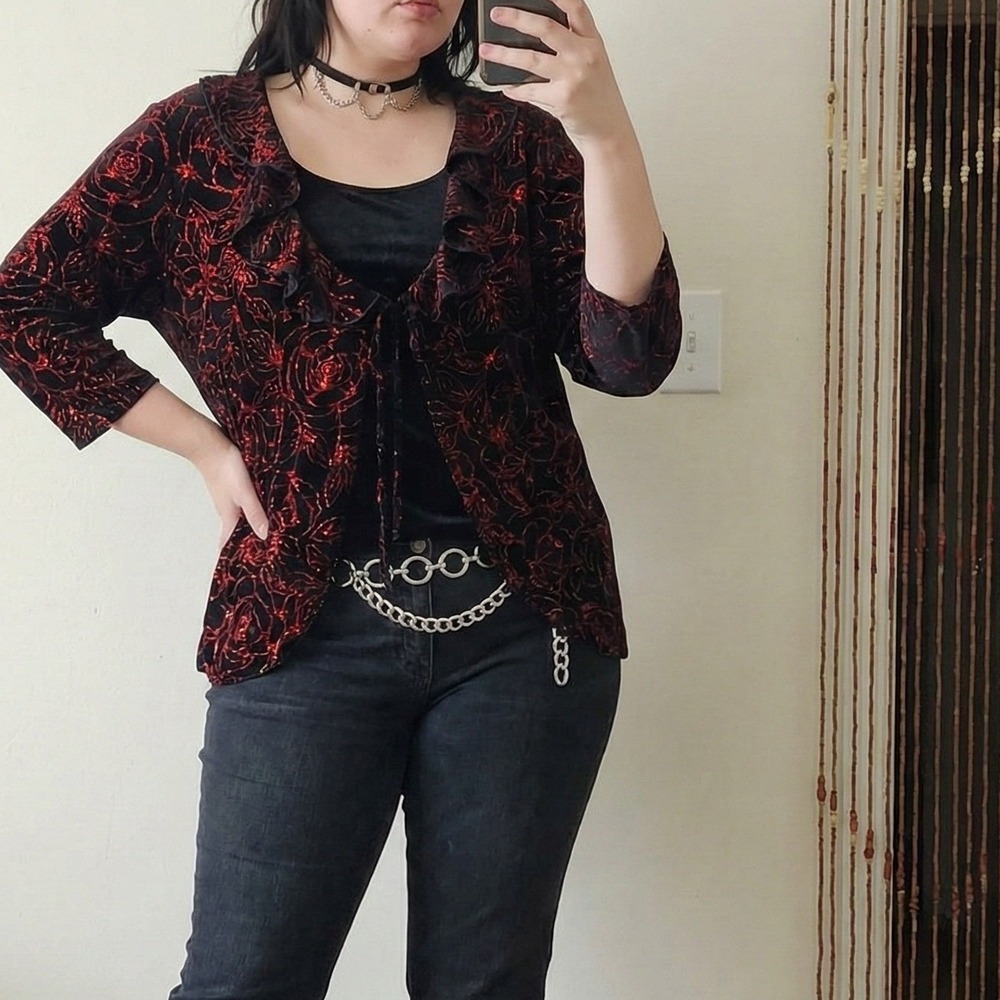 Vintage Y2K Notations Velvet Top Womens Plus Size 1X Black Red Rose Sparkle